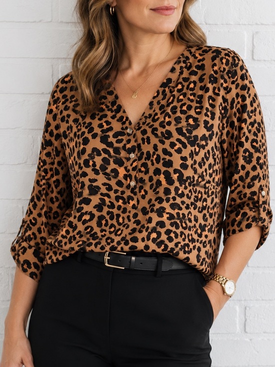 JM Collection Tops - Leopard Print Blouse L V Neck Roll Tab Sleeve Animal Print Mob Wife Office Siren